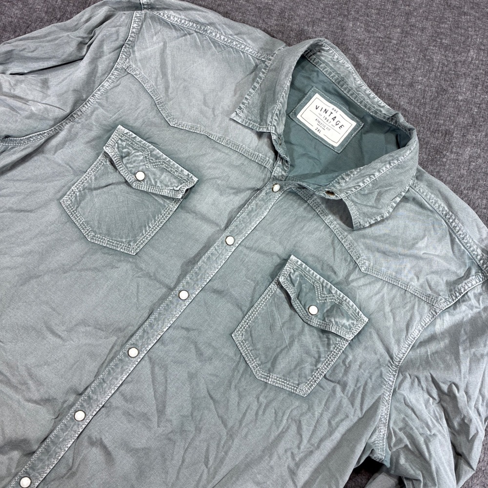 BKE Vintage Western Shirt Mens 2XL Green Athletic Fit Pearl Snap Long Sleeve